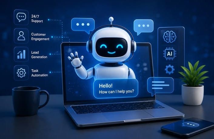 Illustration of an AI assistant greeting a customer from a laptop screen, with support, engagement, lead and automation labels