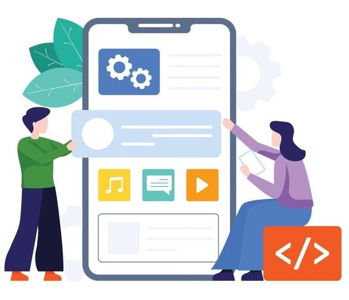 Illustration of two developers building a mobile app around a large phone screen